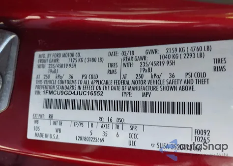 2018 Ford Escape Se z USA, uszkodzony, nr VIN 1FMCU9GD4JUC16552